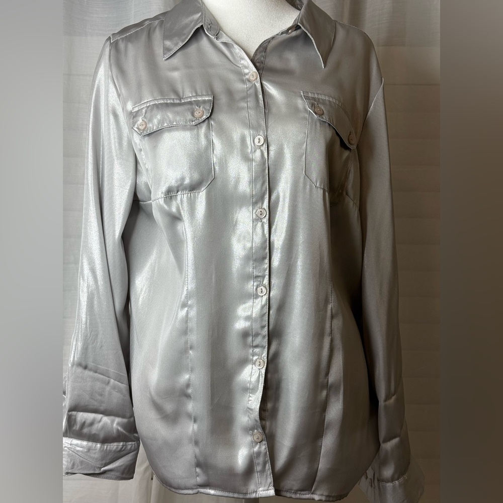 Silver Satin Button-Up Blouse Medium